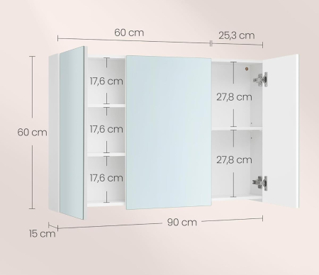 Dulap pentru baie cu oglinda, 3 usi si rafturi reglabile, MDF, 90x15x60 cm, alb [4]