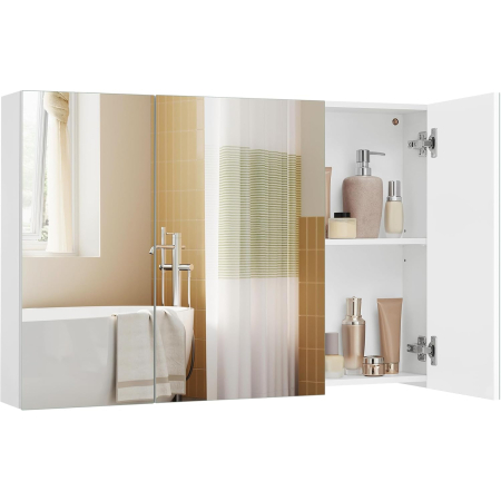 Dulap pentru baie cu oglinda, 3 usi si rafturi reglabile, MDF, 90x15x60 cm, alb [1]
