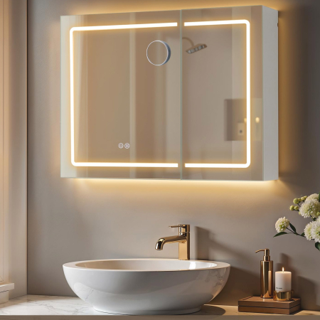 Baie - Dulap pentru baie cu oglinda si iluminare LED reglabila, functie anti-abur, USB si prize integrate, 80x17x60 cm, alb