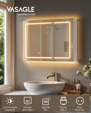 Dulap pentru baie cu oglinda si iluminare LED reglabila, functie anti-abur, USB si prize integrate, 80x17x60 cm, alb [6]
