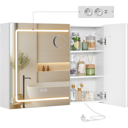 Dulap pentru baie cu oglinda si iluminare LED reglabila, functie anti-abur, USB si prize integrate, 80x17x60 cm, alb [1]