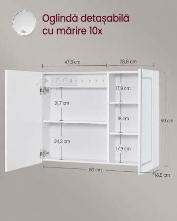 Dulap pentru baie cu oglinda si iluminare LED reglabila, functie anti-abur, USB si prize integrate, 80x17x60 cm, alb [8]