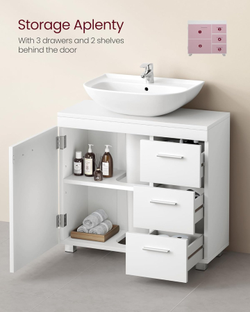 Dulap pentru baie suport lavoar, cu 3 sertare si raft reglabil, MDF, 70x30x64 cm, alb [7]