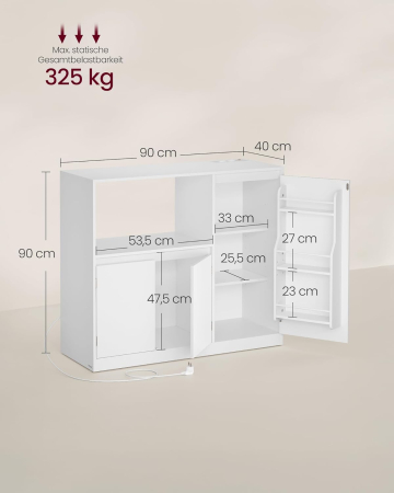 Dulap pentru bucatarie cu raft pentru cuptor cu microunde, 3 usi si rafturi reglabile, priza integrata, 90x40x90 cm, alb [2]