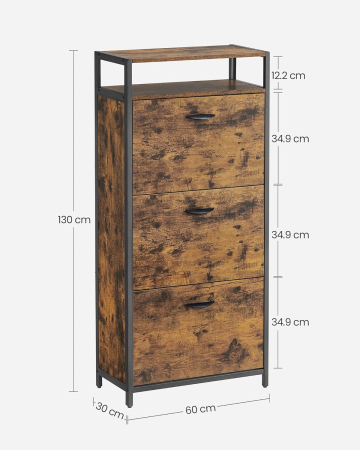 VASAGLE Dulap pentru pantofi cu 3 usi rabatabile, despartitoare interioare, pentru 15-18 perechi, 60x30x130cm, maro rusic si negru [2]