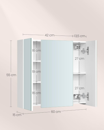 Dulap suspendat pentru baie cu 3 usi, oglinda si rafturi reglabile, 60x15x55 cm, alb [1]