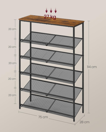Etajera pantofi 6 niveluri, rafturi metalice reglabile, blat din PAL, stil industrial, 75x28x114 cm, maro rustic [3]