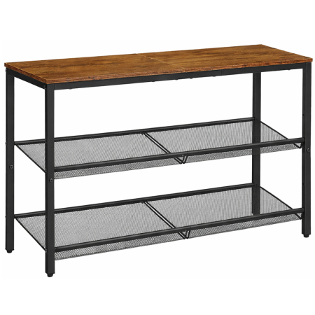 Pantofare - Etajera pantofi 3 niveluri rafturi metalice reglabile blat superior, 75x28x53 cm, maro rustic