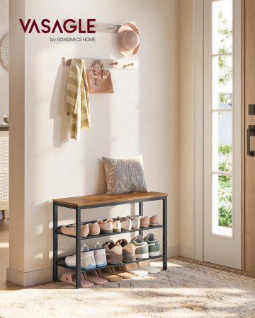 Etajera pantofi 3 niveluri rafturi metalice reglabile blat superior, 75x28x53 cm, maro rustic [3]