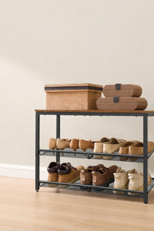 Etajera pantofi 3 niveluri rafturi metalice reglabile blat superior, 75x28x53 cm, maro rustic [2]