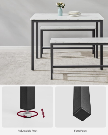 VASAGLE Masa de bar cu 2 banci, design industrial, 110x70x75 cm, alb marmura [4]