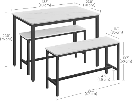 VASAGLE Masa de bar cu 2 banci, design industrial, 110x70x75 cm, alb marmura [3]