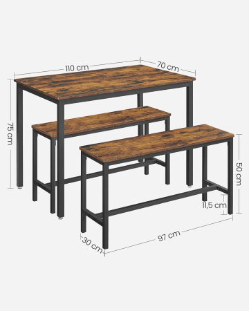 Masa de bar cu 2 banci, design industrial, 110x70x75 cm, maro rustic [4]