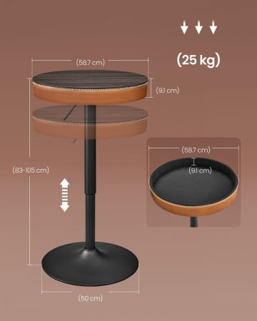 VASAGLE Masa de bar maro caramel, 59x59x(83-105) cm – inaltime reglabila, compartiment de depozitare [3]