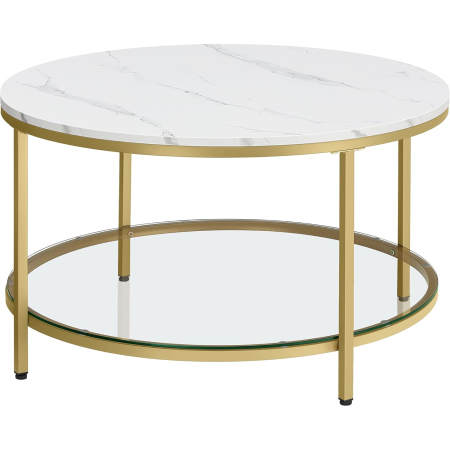 Mese cafea si decorative - Masa de cafea rotunda cu blat din imitatie de marmura, polita suplimentara din sticla, 80x45cm, alb si auriu