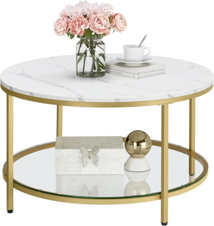 Masa de cafea rotunda cu blat din imitatie de marmura, polita suplimentara din sticla, 80x45cm, alb si auriu [3]