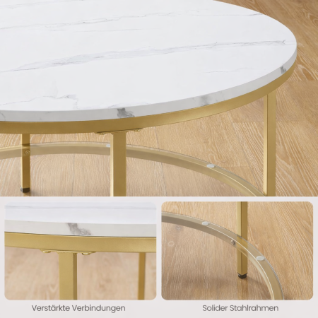 Masa de cafea rotunda cu blat din imitatie de marmura, polita suplimentara din sticla, 80x45cm, alb si auriu [4]