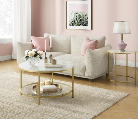 Masa de cafea rotunda cu blat din imitatie de marmura, polita suplimentara din sticla, 80x45cm, alb si auriu [6]