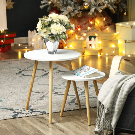 VASAGLE Masa de cafea, set de 2 bucati, picioare din lemn si blat MDF, design minimalist scandinav, 45x50cm si 35x35cm, alb [1]