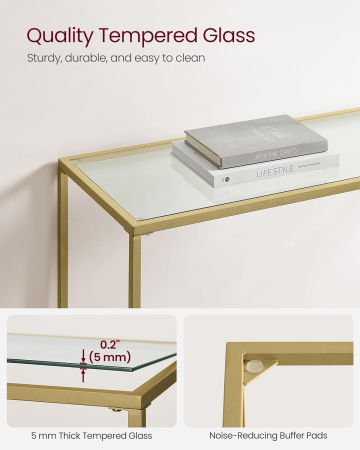 VASAGLE Masa de intrare, blat din sticla securizata, cadru metalic, 35x100x80cm, auriu [5]