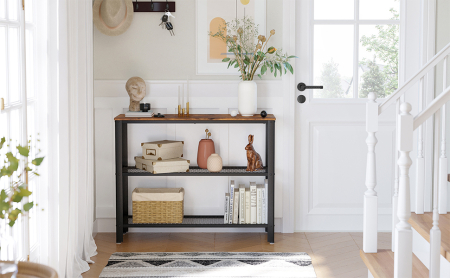 Masa de intrare, cadru metalic cu 3 polite din MDF, 35x102x80cm, maro rustic si negru [5]