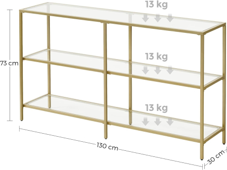 VASAGLE Masa de intrare, pe 3 nivele, blat din sticla securizata, cadru metalic, 30x130x73cm, auriu [2]