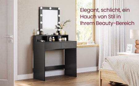 VASAGLE Masa de toaleta cu iluminare LED, cu oglinda, luminozitate reglabila, cu 2 sertare, 80x40x145cm, negru [8]