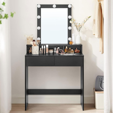 Mobila dormitor - VASAGLE Masa de toaleta cu iluminare LED, cu oglinda, luminozitate reglabila, cu 2 sertare, 80x40x145cm, negru