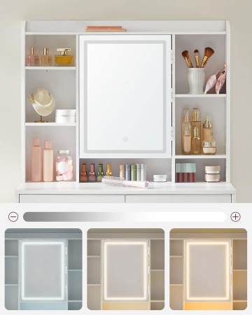 Masa de toaleta cu oglinda, iluminare LED reglabila, 2 sertare, 90x40x145cm, alb [6]