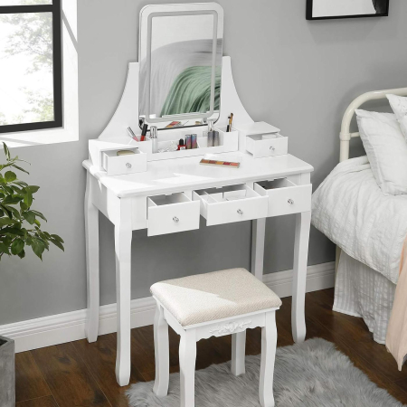 Mobila dormitor - VASAGLE Masa de toaleta cu taburet, oglinda rotativa 360°, iluminare LED reglabila, 80x40x138 cm, alb