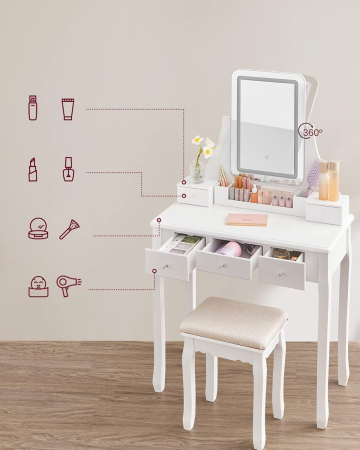 VASAGLE Masa de toaleta cu taburet, oglinda rotativa 360°, iluminare LED reglabila, 80x40x138 cm, alb [1]