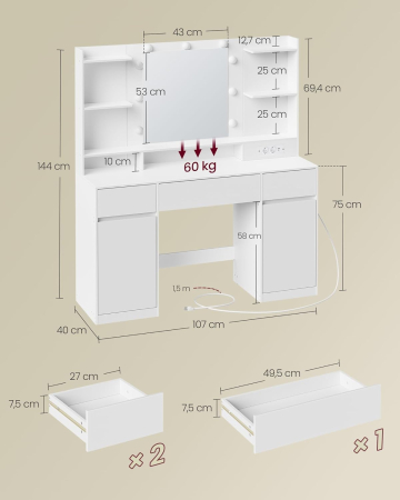 Masa de toaleta Kailyn cu oglinda, iluminare LED reglabila, priza integrata AC si USB, fronturi MDF, 40x107x144 cm, alb [1]