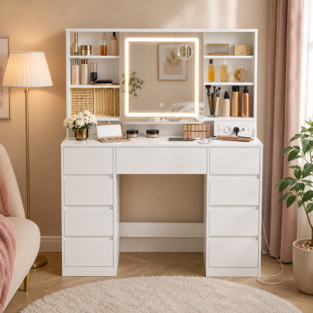 Masa de toaleta Kailyn cu oglinda LED, 9 sertare, MDF, priza incorporata, oglinda zoom detasabila, 110x40x142 cm, alb [1]