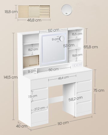 Masa de toaleta Kailyn cu oglinda LED, 9 sertare, MDF, priza incorporata, oglinda zoom detasabila, 110x40x142 cm, alb [2]