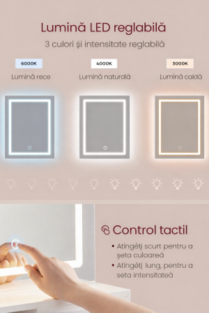 Masa de toaleta Kailyn cu oglinda LED si priza integrata, porturi USB, sertar, rafturi si dulap, PAL, 80x40x132 cm, alb [4]