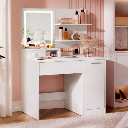 Mese toaleta si oglinzi - Masa de toaleta Kailyn cu oglinda LED si priza integrata, porturi USB, sertar, rafturi si dulap, PAL, 80x40x132 cm, alb