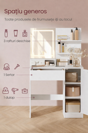 Masa de toaleta Kailyn cu oglinda LED si priza integrata, porturi USB, sertar, rafturi si dulap, PAL, 80x40x132 cm, alb [5]