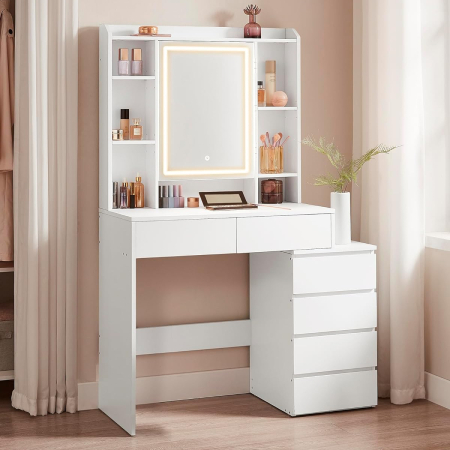 Dormitor & birou - Masa de toaleta Kailyn, oglinda LED cu iluminare reglabila, 6 sertare, 40x98x145 cm, alb