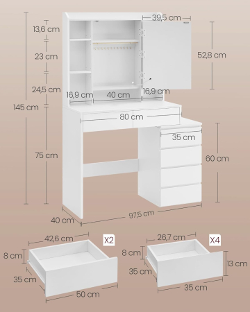 Masa de toaleta Kailyn, oglinda LED cu iluminare reglabila, 6 sertare, 40x98x145 cm, alb [1]