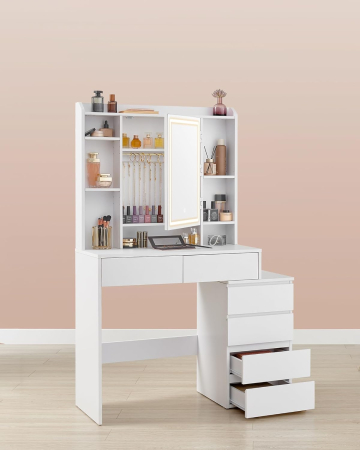 Masa de toaleta Kailyn, oglinda LED cu iluminare reglabila, 6 sertare, 40x98x145 cm, alb [3]