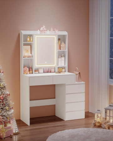 Masa de toaleta Kailyn, oglinda LED cu iluminare reglabila, 6 sertare, 40x98x145 cm, alb [6]