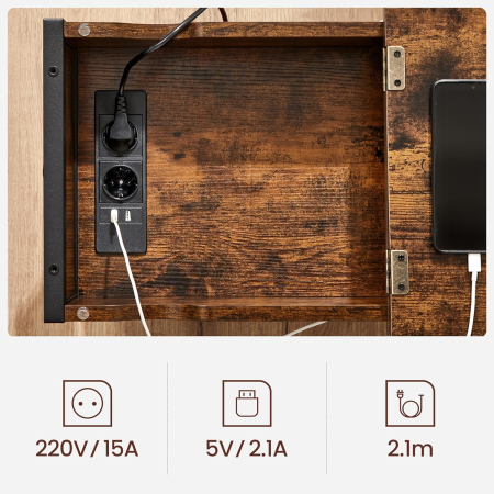 VASAGLE Masa laterala pliabila, tip noptiera, cu prize si porturi USB, raft si geanta din textil, 60x32x60 cm, maro rustic [6]