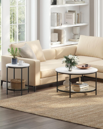 VASAGLE Masa rotunda, cu cadru de otel, noptiera, 45x55cm, negru cu blat alb aspect marmura [3]