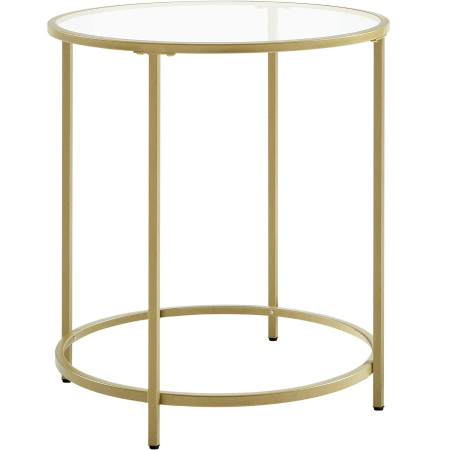 Mese cafea si decorative - VASAGLE Masa rotunda, din sticla securizata cu cadru de otel, noptiera, 50x50x55cm, auriu