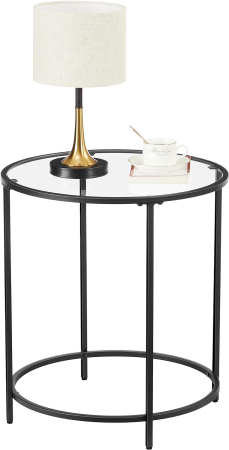 VASAGLE Masa rotunda, din sticla securizata cu cadru de otel, noptiera, 50x50x55cm, negru [1]