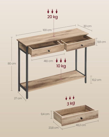 Masa tip consola cu 2 sertare, blat aspect lemn si cadru metalic, stil industrial, 100x30x80 cm, maro camel [1]