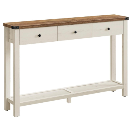 Masa tip consola cu 3 sertare si raft inferior, MDF si lemn masiv cu aspect hambar, 120x24x76 cm, alb rustic si maro [0]
