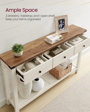 Masa tip consola cu 3 sertare si raft inferior, MDF si lemn masiv cu aspect hambar, 120x24x76 cm, alb rustic si maro [2]