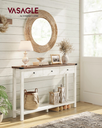 Masa tip consola cu 3 sertare si raft inferior, MDF si lemn masiv cu aspect hambar, 120x24x76 cm, alb rustic si maro [1]