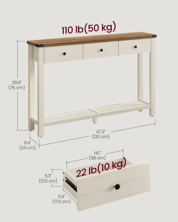 Masa tip consola cu 3 sertare si raft inferior, MDF si lemn masiv cu aspect hambar, 120x24x76 cm, alb rustic si maro [3]